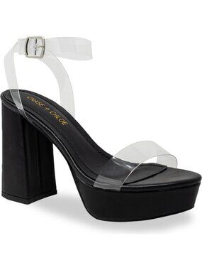 Chase + Chloe Hela Clear Strap Platform Block Heel Sandals Black 9 NWOT Glam